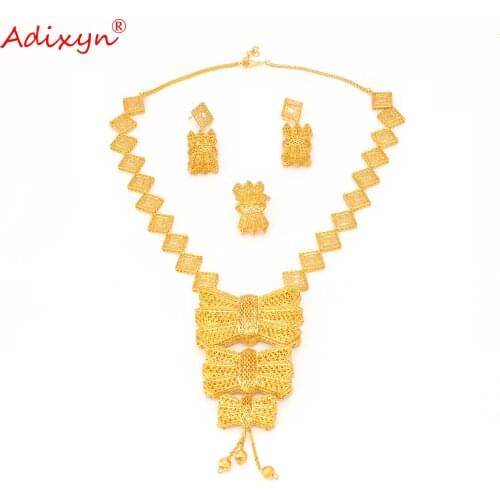 Adixyn 60cm chain Earrings Ring 24k Gold Color Copper Jewelry Set for Women Africa Middle east Dubai Items N1021I7