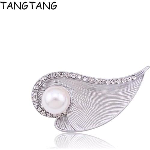 TANGTANG Brooch For Woman Matt Silver Plated Leaf Brooch Simply Rhinestone Simulated Pearl Brooch Pins Jewelry Accessories Grace