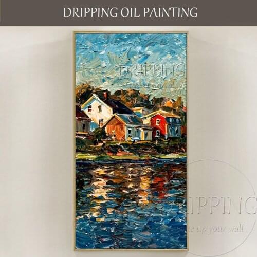 Top Artist Pure Hand-painted High Quality Thick Textured Impressionist Landscape Oil Painting on Canvas Houses and Lake Painting