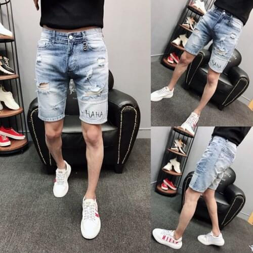 Street Ripped denim shorts mens 2021 summer beggar pants trend Korean Slim brand casual teenager short pants