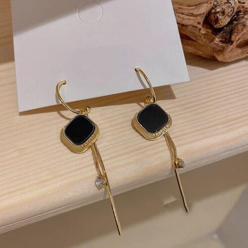 Minar Unique Design Black Enamel Rhombic Earrings for Women Gold Color Metal Chain Rhinestone Letter Dangle Earrings Brincos