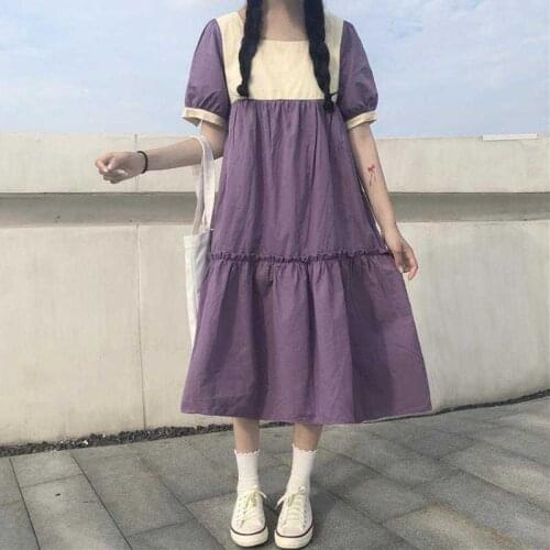 Japan Style Dress Women Summer Purple Patchwork Mid-dress Square Collar Loose Plus Size Clothing for Women Dresses for Women