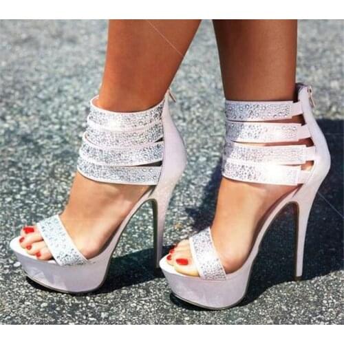 Summer Hot Woman Light Pink Rhinestone Crystal Diamond Bling Bling Zip Back Stiletto Heels Peep Toe Platform Wedding Sandals