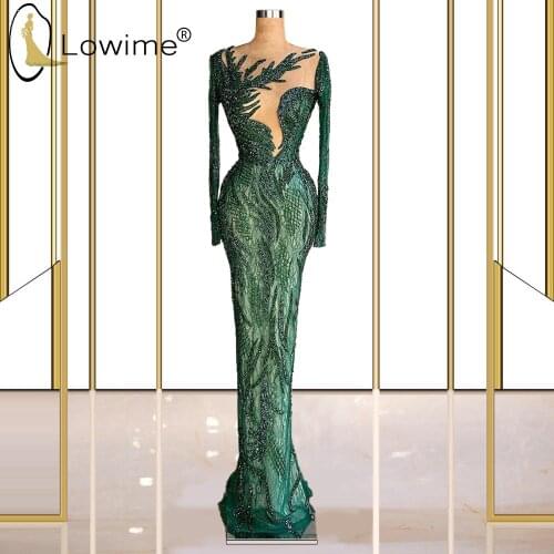 Green Beading Mermaid Evening Dresses 2021 Illusion O Neck Muslim Long Sleeves Prom Gowns For Woman Wedding Party