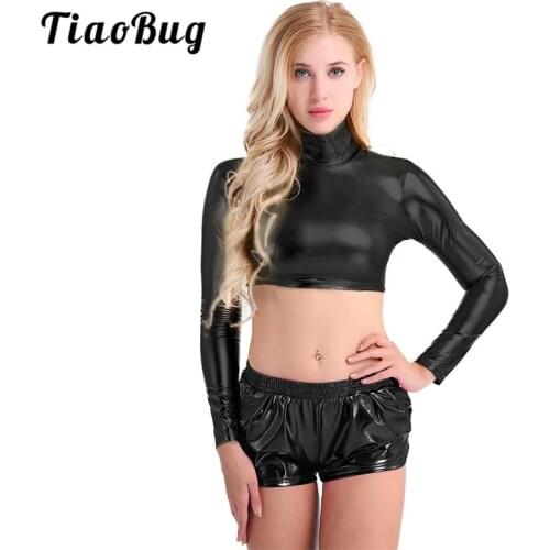 TiaoBug Shiny Patent Leather Long Sleeves Turtleneck Women Sexy Crop Tops Nightclub Party Pole Dance Performance Rave Costume