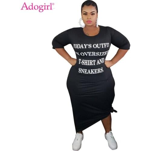 Adogirl Letters Print Plus Size Women Maxi Dress XL-5XL O Neck 3/4 Sleeve Casual Long T Shirt Dresses Fashion Autumn Clothing