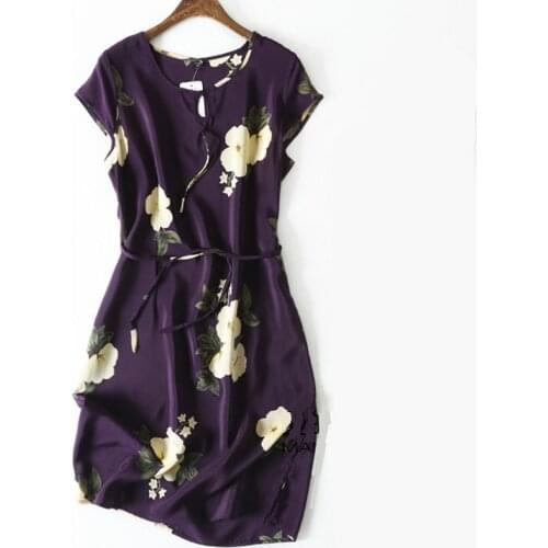 Women Summer Silk Dress O neck Floral Print Vintage Natural silk dresses Purple Elegant Dress plus size big size real silk dress