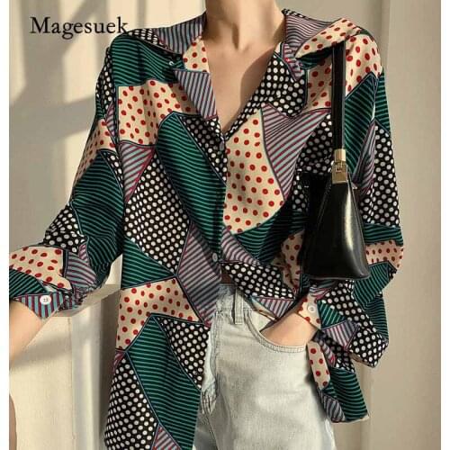 Women 2020 Autumn Blouse Ladies Tops Printing Dot Stripe V-neck Chiffon Blouse Long Sleeve Button Shirts for Women Tops 7061 50