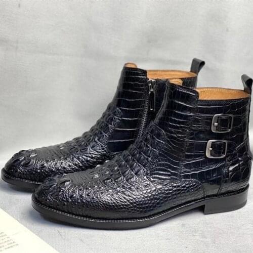 Authentic Exotic Real Crocodile Skin Handmade Mens ZIP Ankle Shoes Genuine True Alligator Leather Male Winter Chelsea Boots