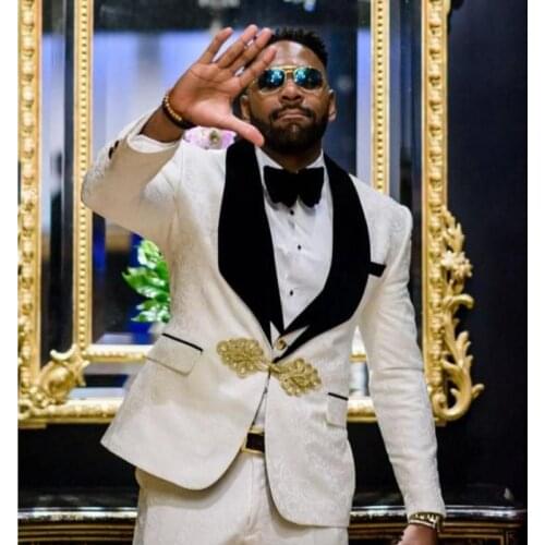 Ivory Paisley With Velvet Groom Tuxedos Handsome Man Work Business Suit Prom Party BCocktail Dress (Jacket+Pants+Vest+Tie) W:206