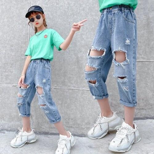New Childrens Pants Girls Thin Jeans Ripped Cropped jeans Fashion Holes Short Pants Denim Summer 6 8 10 11 12 Yrs Kids Costume