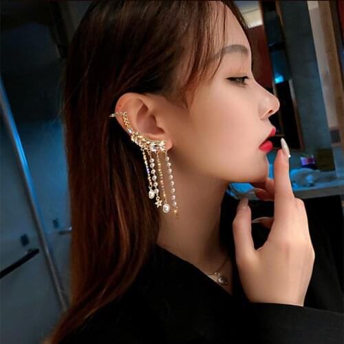 FYUAN Geometric Star Dangle Earrings for Women Long Tassel Rhinestone Ear Clip Earrings Weddings Party Jewelry Accessories