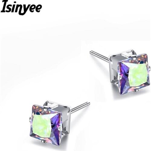 ISINYEE Fashion 6 mm Crystal Square Small Stud Earrings For Women Girls Kids Tiny Geometric CZ Ear Silver Jewelry Brincos Mujer