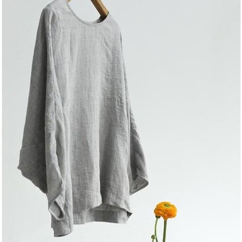 2021 spring and summer French Linen rain dew linen yarn dyed round neck bat sleeve top 2021048