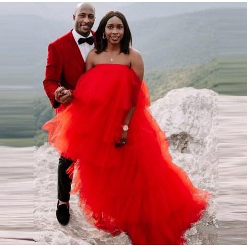 Hot sale Red Strapless Evening Party Dresses Chic Puffy Ruffle Formal Gown Layered Women Long Skirt Custom Made