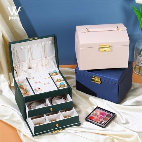 WE New High Capacity Three-layers Large Leather Jewelry Box for Gifts Necklace Earring Ring Casket Makeup Storage Organizer Box
