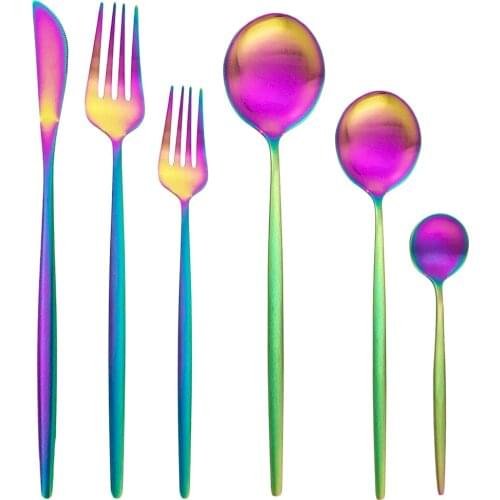 24Pcs Rainbow Flatware 304 Stainless Steel Tableware Set Matte Cutlery Set Dessert Fork Spoon Silverware Kitchen Dinnerware