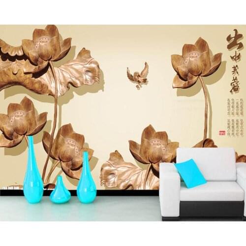 Papel de parede Lotus wood carving custom 3d wallpaper murals,living room bedroom TV background kitchen wall papers home decor