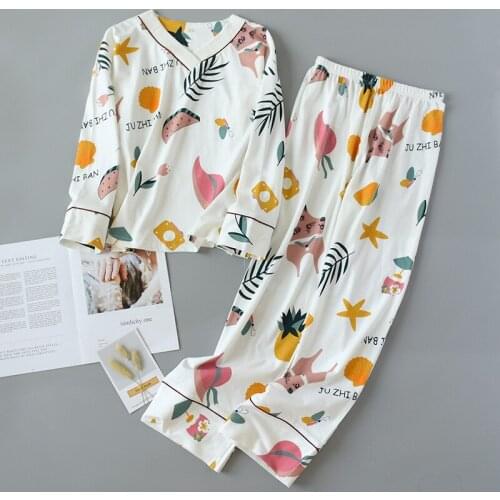 Pajama Sets V-Neck Women Pyjamas Autumn New Sleepwear Pure Cotton Nightwear Full Sleeve Long Pants 2 pieces Set Girls Homewear