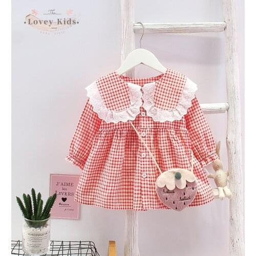 2021 Toddler Baby Girl Dress 2PCS with Strawberry Bags Peter Pan Collar Sweet Cute Plaid A-line Mini Dresses Kids Boutique