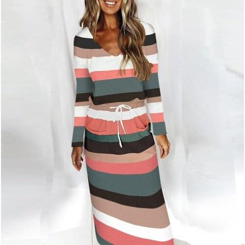 Colorful Striped Patchwork V-Neck Ankle-Length Long Dress Women Autumn Pocket Elastic Waist Vestidos Ladies Streetwear Dress