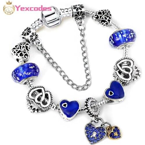 Silver-Plated Snake Bone Chain Blue Charm Luminous Bead Bracelet, DIY Heart-Shaped Crown Pendant, Fine Female Bracelets Gifts