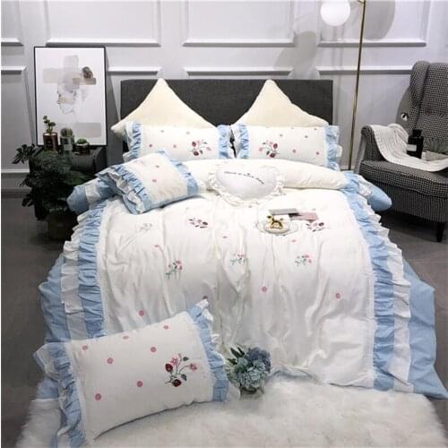 Luxury Sky blue Embroidered 100S Egyptian cotton Royal Bedding sets Queen King Princess Duvet Bed sheet set Pillowcases 4/6pcs