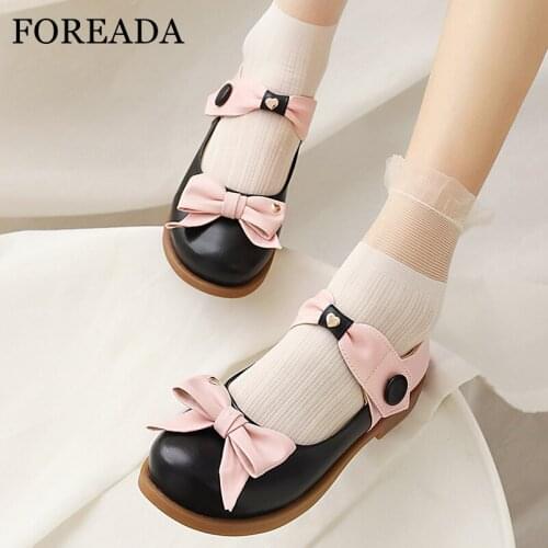 FOREADA Woman Lolita Style Shoes Flat Bow Shoes Shallow Round Toe Buckle Ladies Footwear Spring Fashion Girl Lovely Shoes Pink