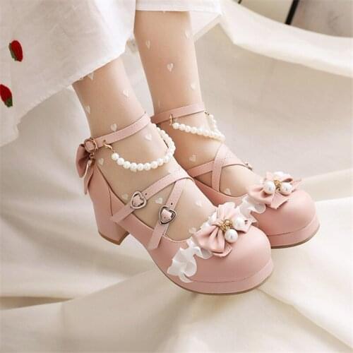PXELENA JK Japanese Kawaii Anime Lolita Shoes Girls Ruffles String Beads Bow Tie Cross Strap Princess Dress Pumps Women Cosplay