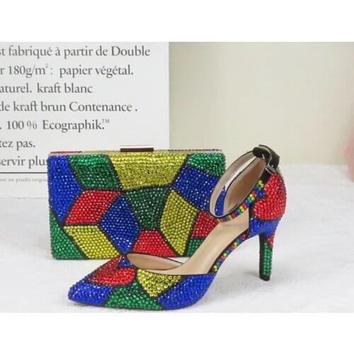 2020 New Arrive Women wedding shoes with matching bags Multicolored Crystal High heel Ladies Party Dress shoes Pointed Toe Pumps