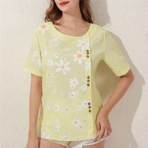 Women tops and blouse Fashion Printed Floral Shirt Ladies O-neck Tops Casual Button Decor Short Sleeve Tops For Female
