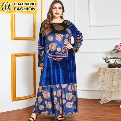 Latest Plus Size Dress Autumn and Winter Womens Ethnic Embroidery Long-Sleeved Blue Casual Gold Velvet Dress Robe
