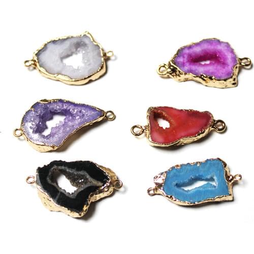 Boho Irregular Natural Stone Beads Gold Double Rings Pendant for Necklace Charm Bracelets Connector Jewellery Finding 1pcs