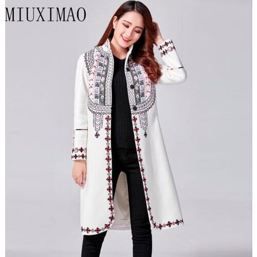 2020Autumn & Winter New Arrival Best Quality Mandarin Collar Single Breasted Full Sleeve Embroidery Print Warm Long Coat Women