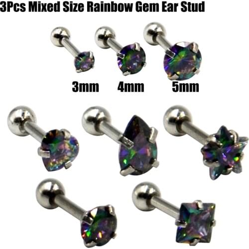 3Pcs 16g Mixed 3mm &4mm& 5mm Ear Tragus Helix Cartilage Conch Stud Piercing Upper Lobe Lip Nose Stud Earrings Body Kewelry