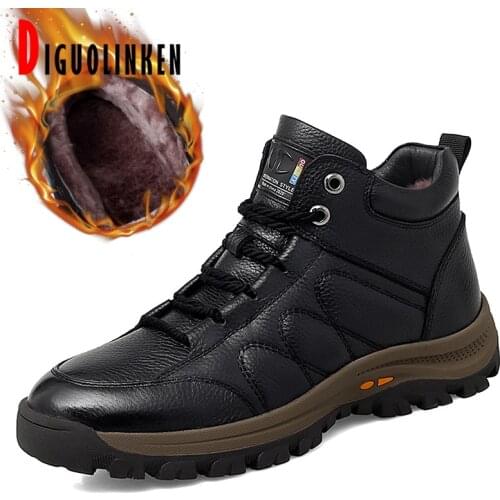High Quality Genuine Leather Boots Men Winter Warm Fur Men Hiking Shoes Outdoor Waterproof Snow Non-slip Ankle Boots Luxury