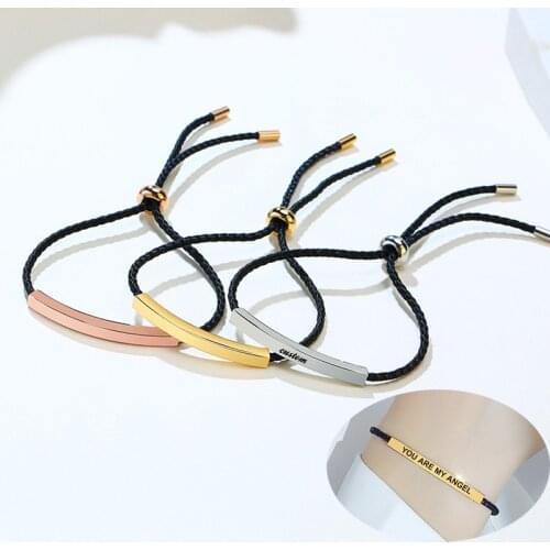 Custom Engarved Rope String Bracelet Stainless Steel Bar Personalized Adjustable Women Girls Jewelry