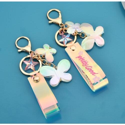 New Colorful Acrylic Butterfly Keychain Laser Printing Short Leather Rope Ladies Handbag Car Charm Accessories Jewelry Gifts
