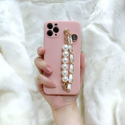 Pearl Leather Wrist Chain Bracelet Pink Liquid Silicone Case Cover For Iphone 12 Mini 11 Pro XS Max XR X 8 7 6 6S Plus SE