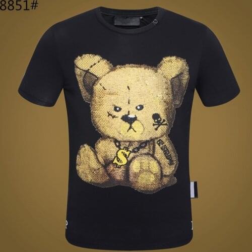 Fashion 100% Cotton T-shirt Men Short Sleeve Tops 3D Diamond-studded Bear Street Gothic Style Plein T-shirt Men Tee Tops
