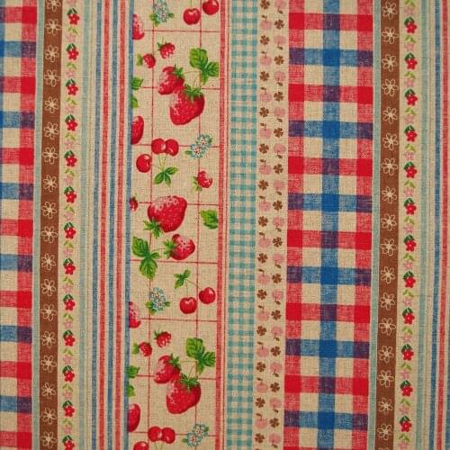 55cmx50cm Cotton Linen Fabric for sewing pathwork, bedding - Stripe - Strawberry, Cherry, Apple and Lattice (blue)