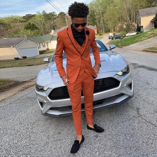 Handsome orange slim-fit mens suit notched lapel wedding dress mens three-piece prom blazer (jacket + pants + vest)