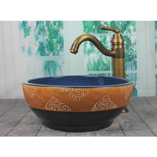 Bathroom Round Ceramic Vessel Sink Vanity Artistic Basin with Pop up Drain Combo AB263