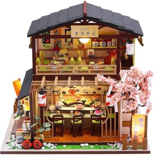 Dollhouse DIY Miniature Wooden Furniture Kit Handmade Japanese Style Sushi Shop Model with LED Lights