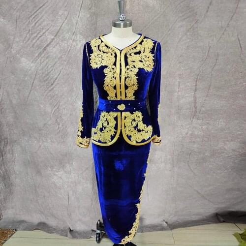 LORIE Blue Velevt Evening Dresses Algerian karako for Women Gold Lace Appliques Beading Formal Prom Party Celebrity Gowns 2021