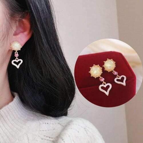 Fashion Korean Style Love Heart Earrings for Women Girls Sweet Crystal Heart Dangle Drop Earring Trendy Jewelry Accessories