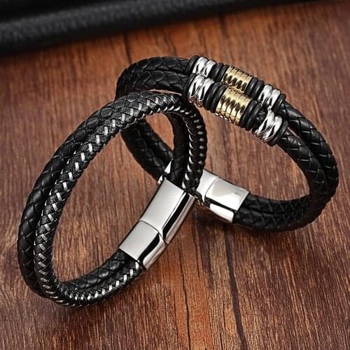 XQNI 2017 Fashion Charm Bracelets 316L Stainless Steel Chain Genuine Bracelets Men Double Layer Leather Bracelets for women
