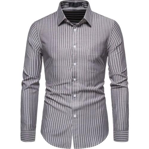 Men shirt Fashion Spring Summer Casual Mens Shirt Cotton Long Sleeve Striped Slim Fit Stand Collar Shirts