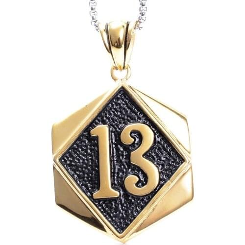 Mens Gold Tone 316L Stainless Steel Lucky 13 Biker Motorcycle Club Pendant