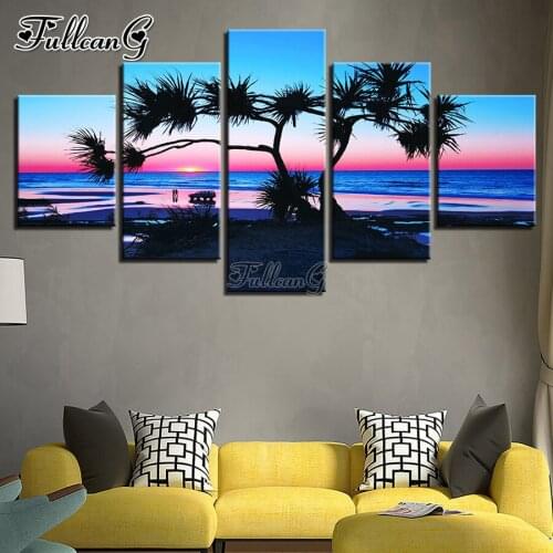 FULLCANG Sunset beach tree landscape 5 piece diy diamond painting full square round drill mosaic embroidery kits FG0299